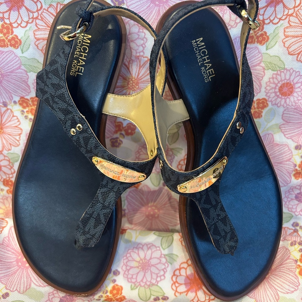 Michael Kors Navy Blue Sandals with Gold Logo and Thong Design